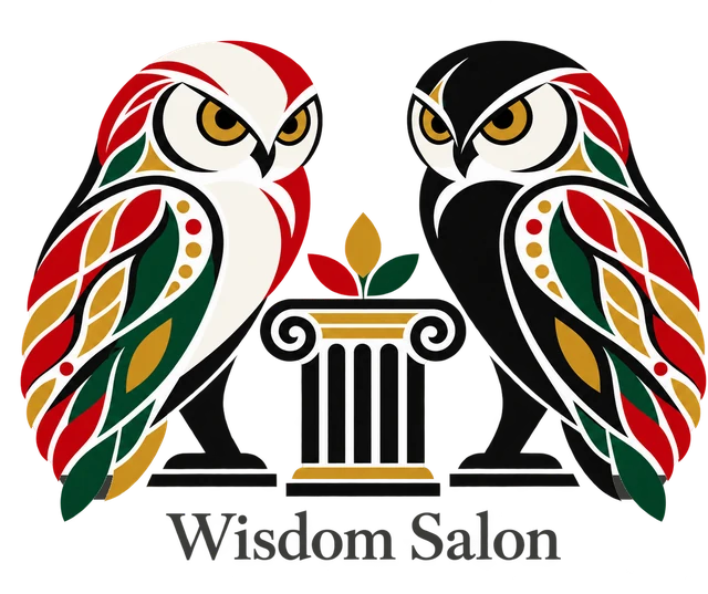Wisdom Salon ロゴ(白と黒のフクロウとギリシャ柱)